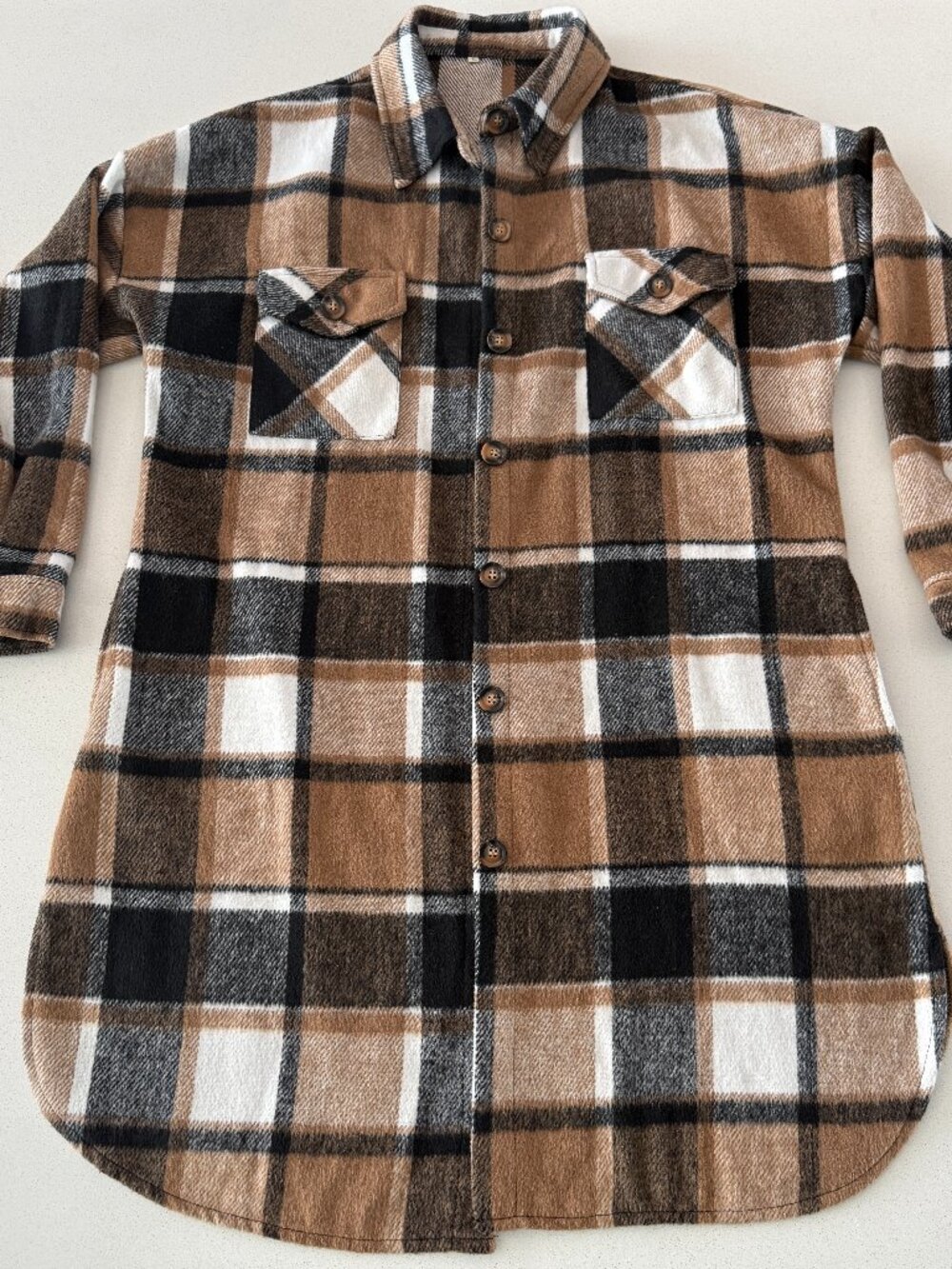 Plaid Shacket Shirt Jacket Brown Black Cream Oversized Longline Flannel Coat
